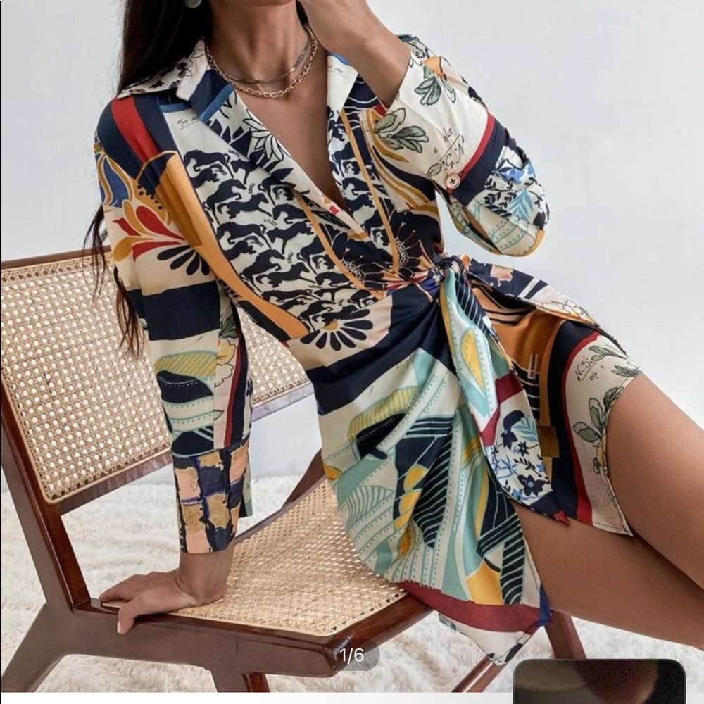 Floral Print Patchwork Pocket Front Knot Side Wrap Dress